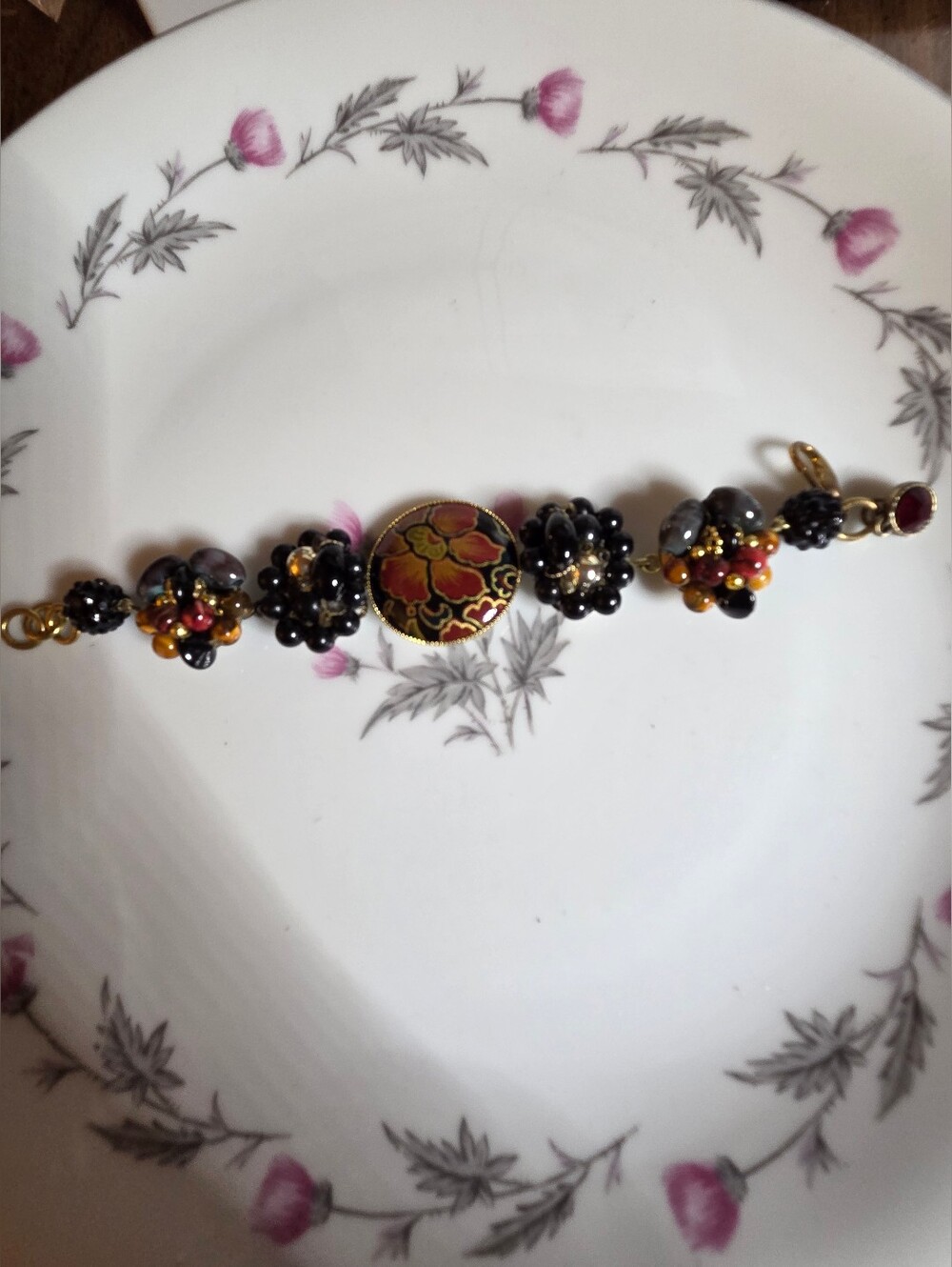Black, Red, and Gold Floral Beaded Upcycled Bracelet